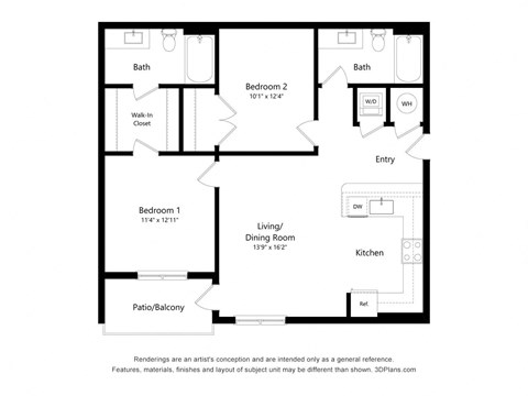 Floor plan for 2 beds, 2 baths, 936 sqft